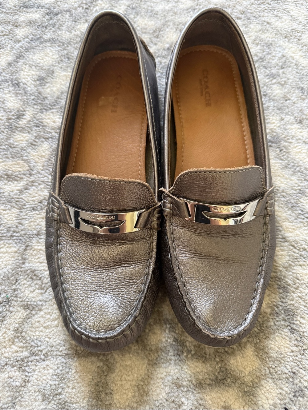 Coach Metallic Taupe Leather Women's Penny Loafers with Silver Bit